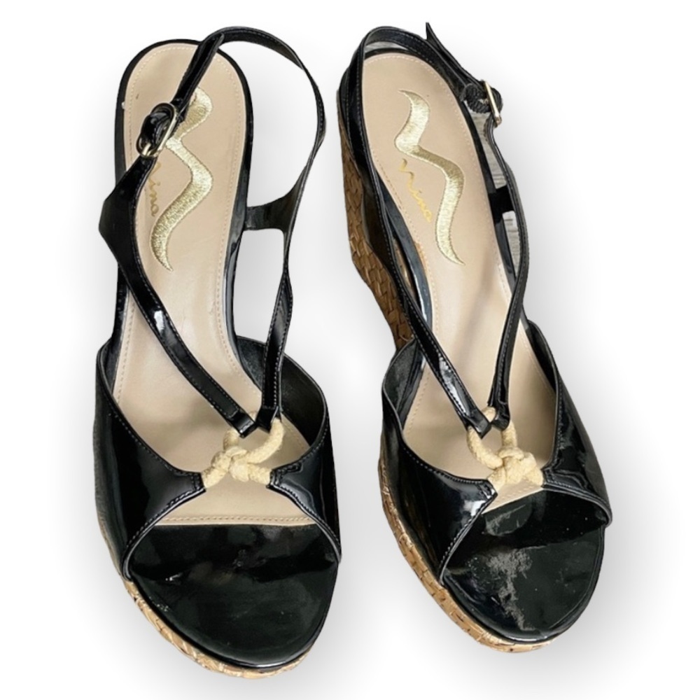 Nina Loana patent leather woven grass rope wedges size 9 summer beach vacation